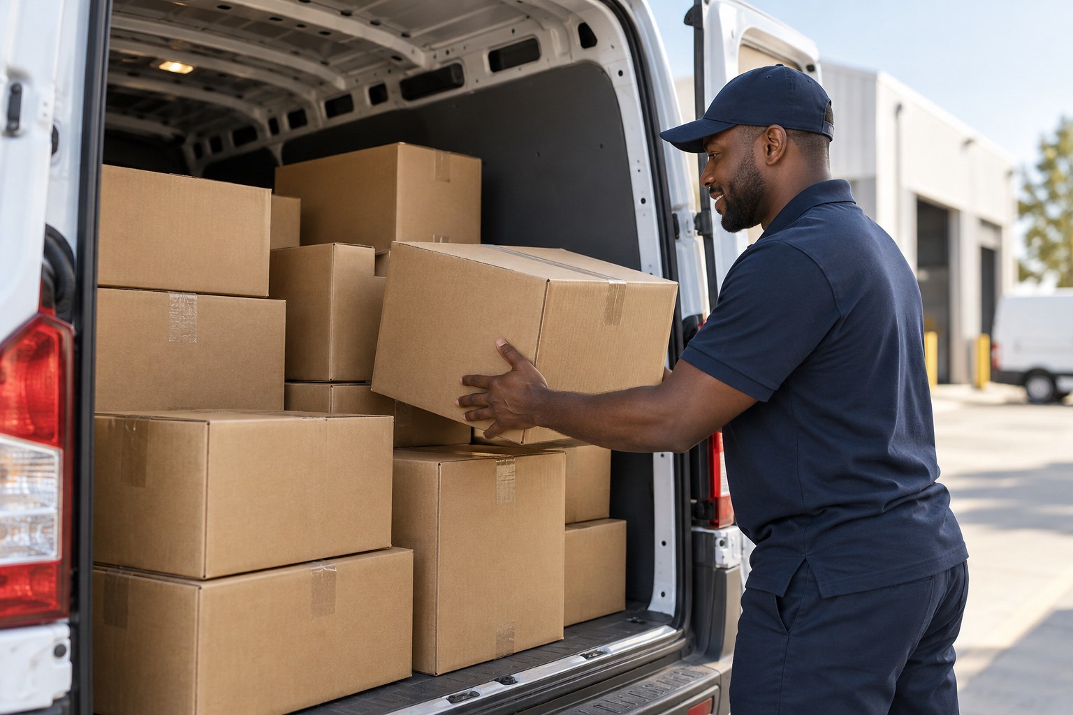 Delivery team member loading packages into a cargo van