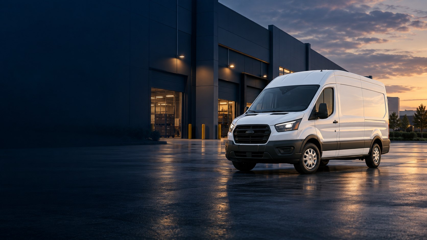 White cargo van outside a warehouse